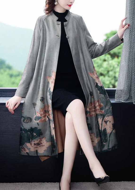 Artistic Temperament Stylish Grey Stand Collar Oversized Print Faux Suede Coat Long Sleeve