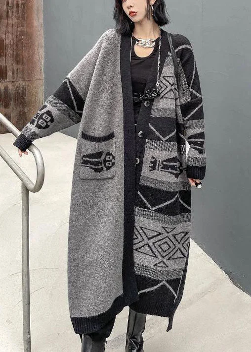 Floral Prints Stylish Grey V Neck Asymmetrical Design Print Knit Lazy Long Coats Long Sleeve