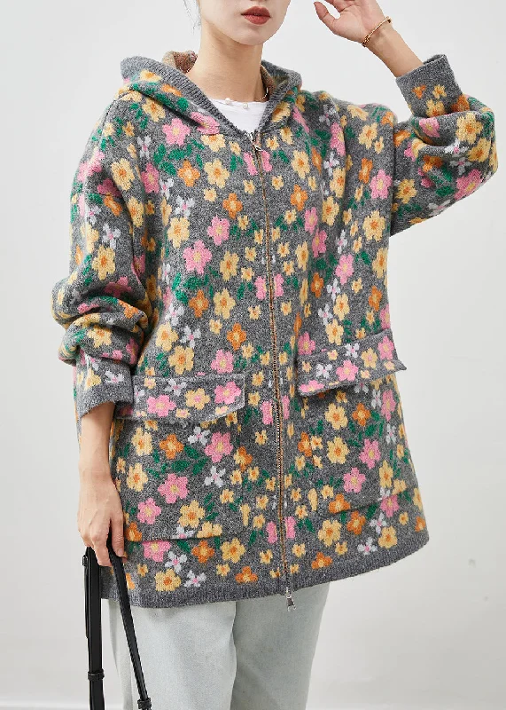 Comfy Chic Wear Stylish Grey Zip Up Floral Print Knit Coat Spring