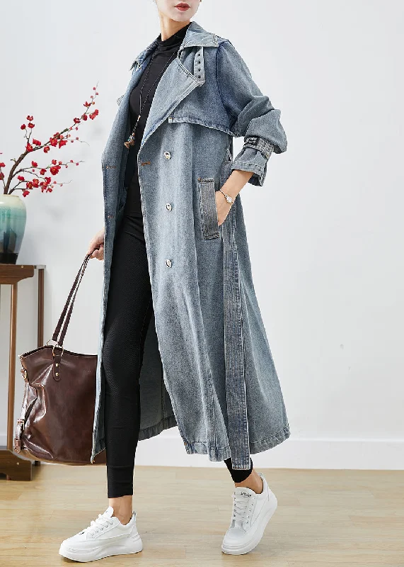 Modern Comfort Stylish Light Blue Double Breast Oversized Denim Trench Coats Fall