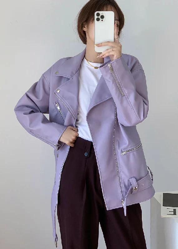 Relaxed Dresses Stylish light Purple Zippered Pockets Patchwork Faux Leather Coats Fall