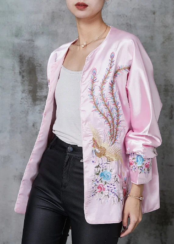 Easy-to-Wear Stylish Pink Embroidered Pockets Silk Jacket Spring