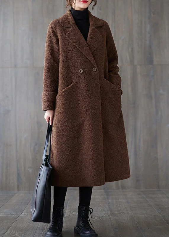Light Layers Stylish Versatile Coffee Notched Pockets Faux Fur Coats Winter