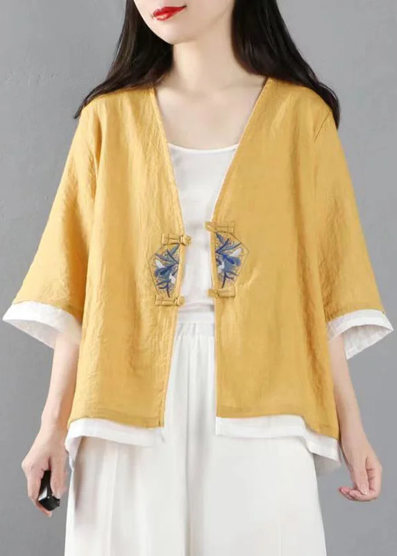 Tropical Style Stylish Yellow Embroideried Patchwork Cotton Tops Coats Summer