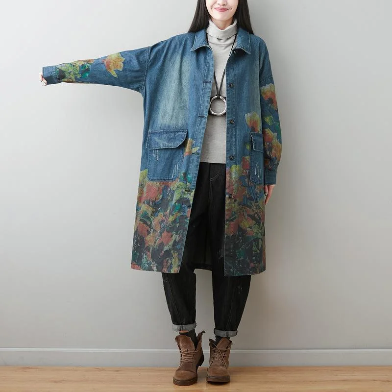 Versatile Outfits Turn-down Collar Floral Print Denim Coat 2020 New Long Sleeve Pockets Women Windbreaker