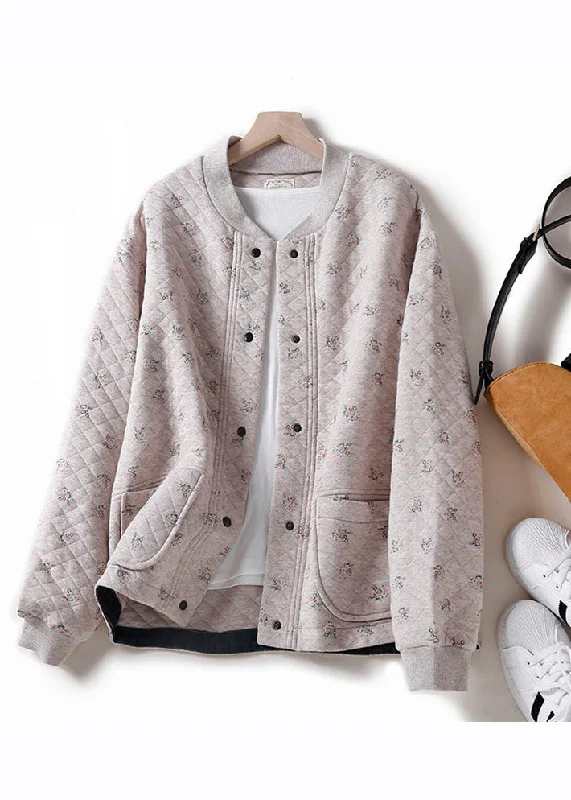 Weekend Style Unique Apricot O-Neck Print Button Pockets Thick Cotton Coats Winter
