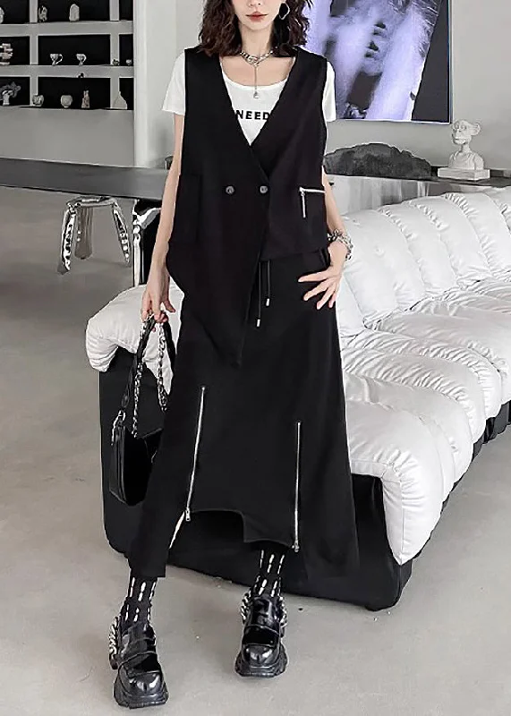 Fashionable And Versatile Unique Black Asymmetrical Patchwork Waistcoat And Skirts Cotton Two Pieces Set Sleeveless Fashionable And Versatile Unique Black Asymmetrical Patchwork Waistcoat And Skirts Cotton Two Pieces Set Sleeveless