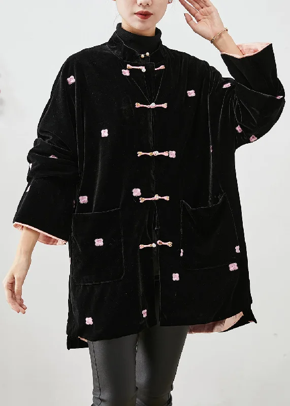 Easy-to-Wear Unique Black Embroideried Chinese Button Silk Velour Coats Winter