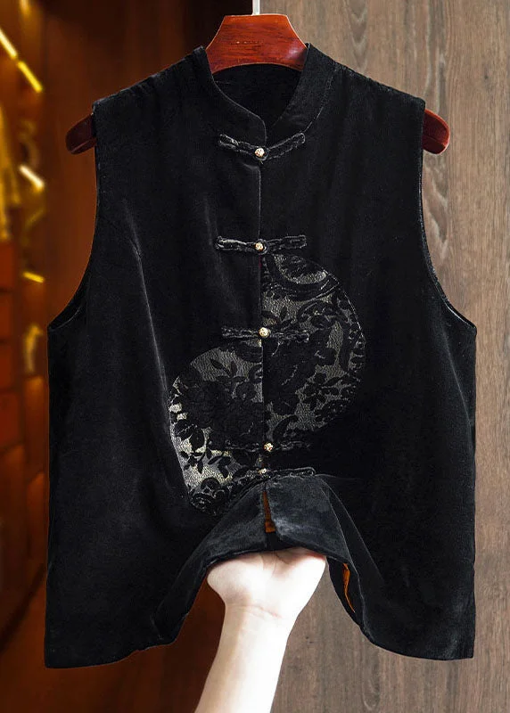 All-Day Style Unique Black Embroideried Patchwork Button Silk Velour Waistcoat Fall All-Day Style Unique Black Embroideried Patchwork Button Silk Velour Waistcoat Fall