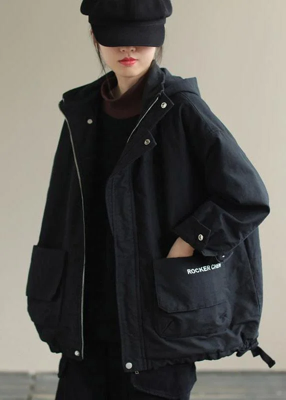 Fashion Selection Unique Black Hooded Pockets Winter Cotton Coat Long sleeve