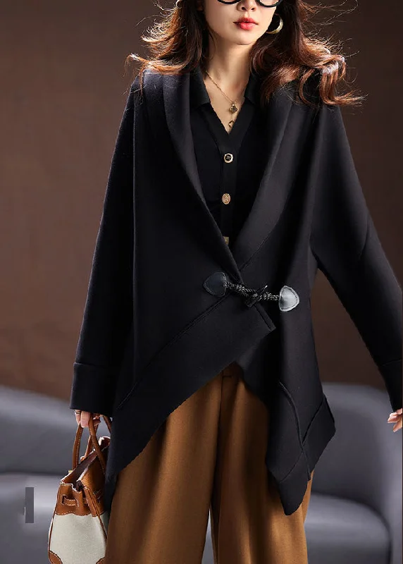 Breezy Comfort Unique Black Notched Asymmetrical Button Cotton Coats Long Sleeve