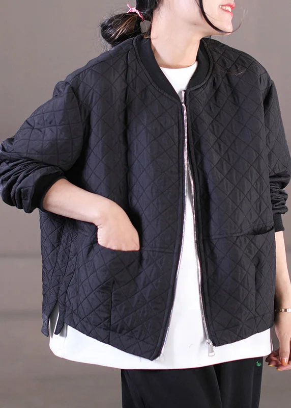 Leisure Travel Unique Black O-Neck Zippered Pockets Plaid Cotton Coat Long Sleeve