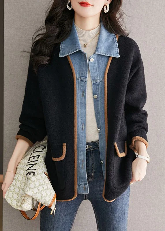 Stunning Fashion Unique Black Peter Pan Collar Denim Patchwork Woolen Fake Two Piece Coat Fall Stunning Fashion Unique Black Peter Pan Collar Denim Patchwork Woolen Fake Two Piece Coat Fall