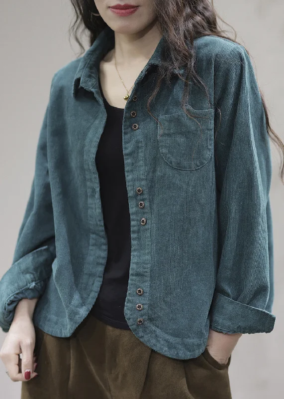 Carefree Style Unique Blue Peter Pan Collar Corduroy Coats Long Sleeve