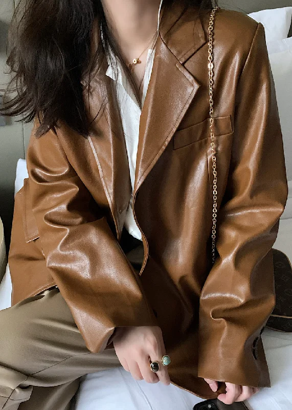 Elegant Tailoring Unique Brown Peter Pan Collar Pockets Patchwork Faux Leather Coats Fall Elegant Tailoring Unique Brown Peter Pan Collar Pockets Patchwork Faux Leather Coats Fall