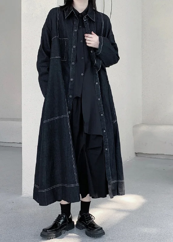 Cozy Essentials Wear Unique Dark Blue Peter Pan Collar Patchwork Pockets Maxi Denim Trench Coats Long Sleeve Cozy Essentials Wear Unique Dark Blue Peter Pan Collar Patchwork Pockets Maxi Denim Trench Coats Long Sleeve