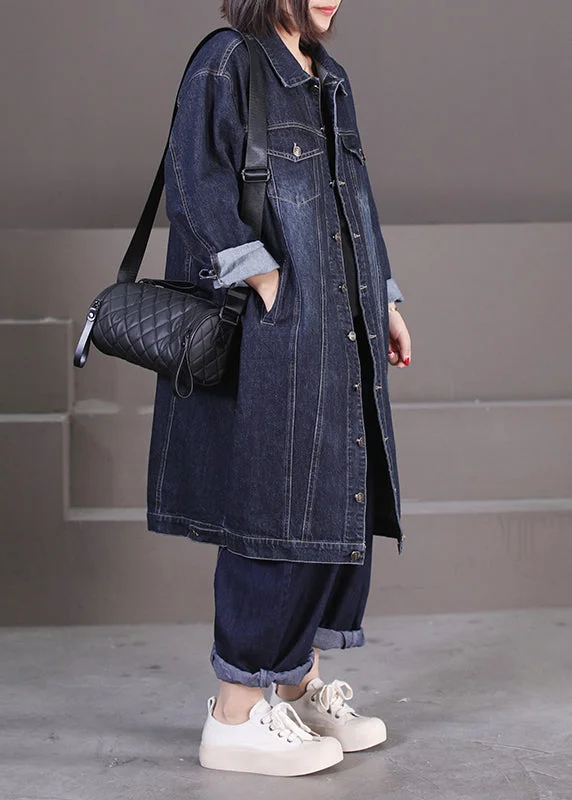 Elegant And Lazy Unique Dark Blue Peter Pan Collar Pockets Patchwork Button Denim Long Trench Coat Fall Elegant And Lazy Unique Dark Blue Peter Pan Collar Pockets Patchwork Button Denim Long Trench Coat Fall