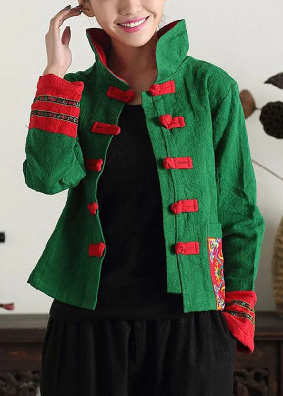 Slightly Flared Design Unique Green Stand Collar Embroideried Patchwork Cotton Chinese Style Coats Spring