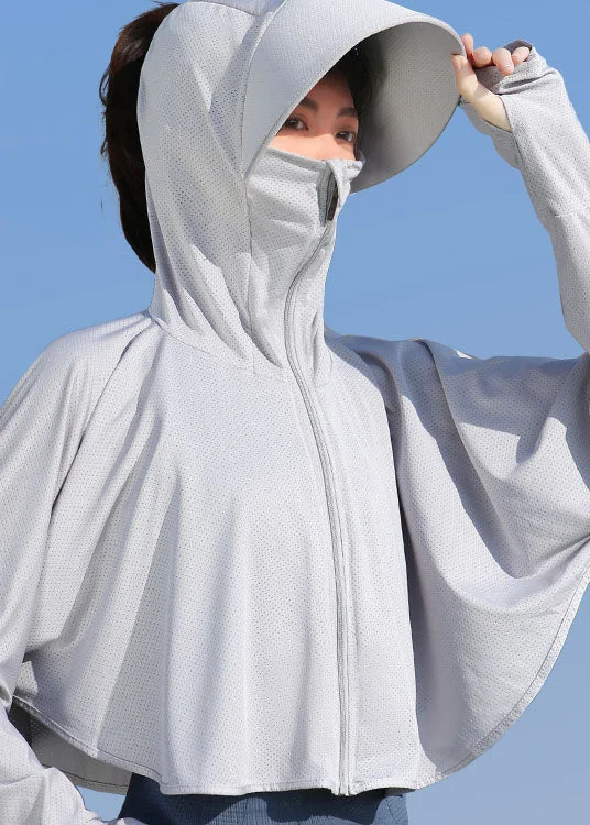 Sports Design Unique Grey Hooded Zippered Patchwork Ice Silk UPF 50+ Coat Summer