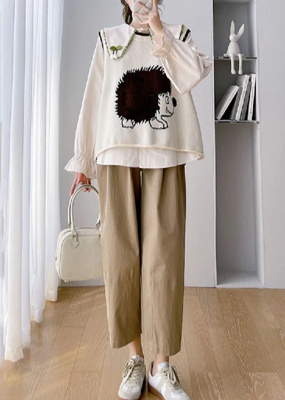 Soft Layers Unique Khaki Animal Print Knit Waistcoat Shirts And Crop Pants Three Piece Set Fall