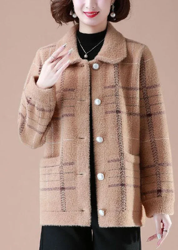 Double-sided Wear Unique Khaki Peter Pan Collar Plaid Pockets Mink Hair Knitted Coats Winter Double-sided Wear Unique Khaki Peter Pan Collar Plaid Pockets Mink Hair Knitted Coats Winter