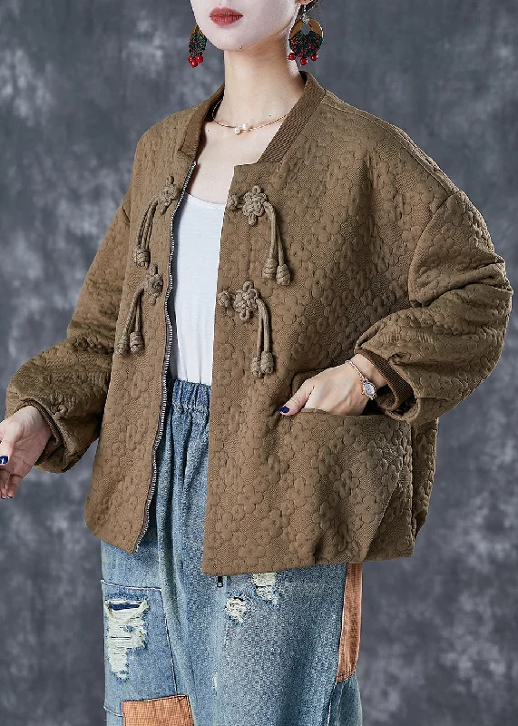 Trendy Comfort Wear Unique Khaki Tasseled Jacquard Cotton Jacket Fall