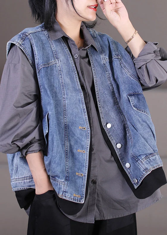 Casual And Versatile Unique Light Blue V Neck Patchwork Pockets Fake Two Pieces Denim Waistcoat Sleeveless