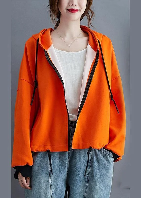 Romantic Data Unique Orange hooded zippered drawstring Fall Jacket Long sleeve