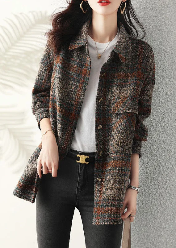 Trendy Wear Unique Peter Pan Collar Plaid Button Thick Coat Long Sleeve