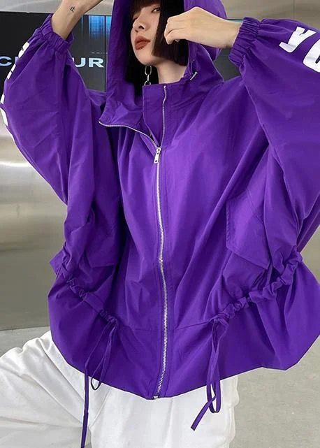Multifunctional Style Unique Purple Cotton Letter zippered Hooded Coat Spring