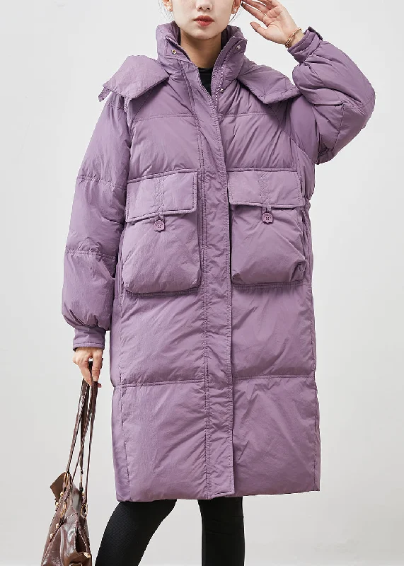 Comfortable Looks Unique Purple Hooded Pockets Duck Down Puffers Jackets Winter