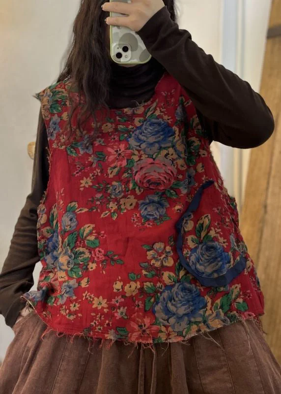 Soft Relaxation Wear Unique Red O Neck Print Patchwork Cotton Waistcoat Sleeveless