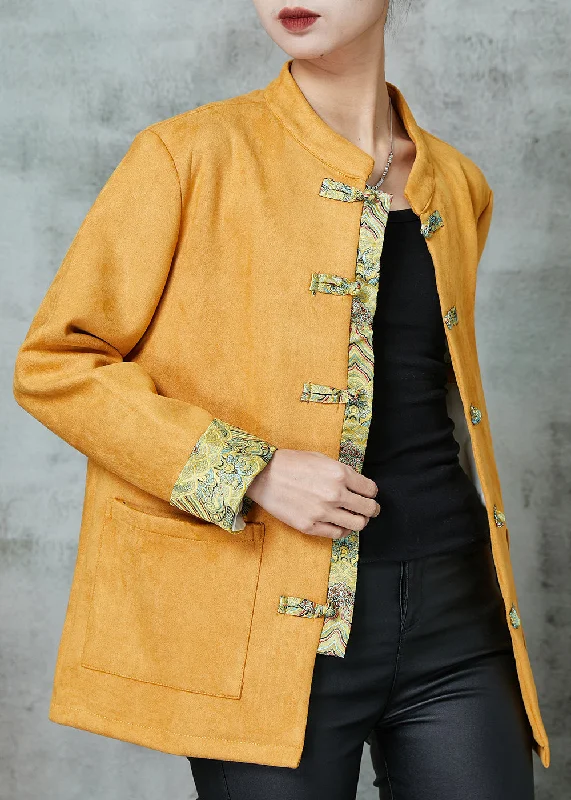 Lounge Chic Unique Yellow Pockets Faux Suede Chinese Style Jackets Spring