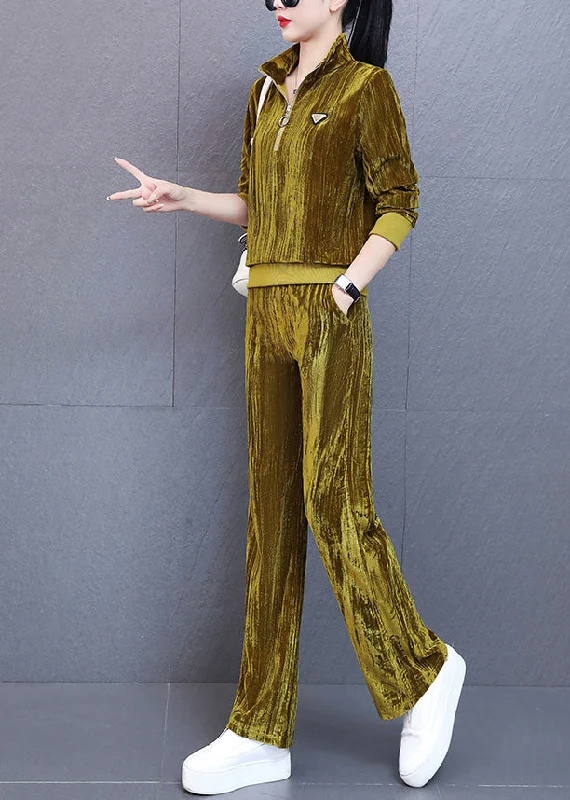 Chic Comfort Wear Unique Yellow Stand Collar Silk Velour Coats And Wide Leg Pants Two Piece Set Fall Chic Comfort Wear Unique Yellow Stand Collar Silk Velour Coats And Wide Leg Pants Two Piece Set Fall