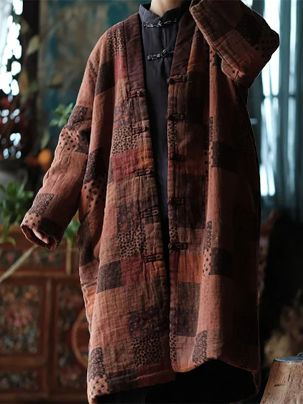 Cozy Apparel V-neck Plaid Spliced Cotton Coat Winter