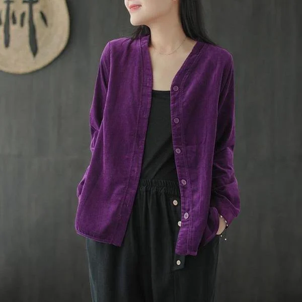 Retro Prints V-neck Single Breasted Long Sleeve Corduroy Coats Simple Comfortable All-match Women Coat Retro Prints V-neck Single Breasted Long Sleeve Corduroy Coats Simple Comfortable All-match Women Coat