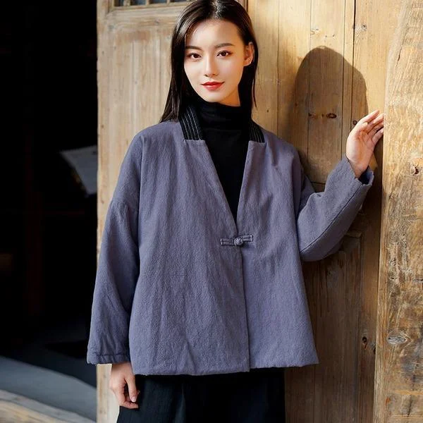 Minimal Style V-neck Thick Coat Loose Retro Solid Color Long Sleeve All-match Coats Minimal Style V-neck Thick Coat Loose Retro Solid Color Long Sleeve All-match Coats