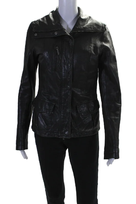 Must-have For Fashion Vince Womens Leather Three Pocket High Neck Long Sleeve Zip Up Jacket Must-have For Fashion Vince Womens Leather Three Pocket High Neck Long Sleeve Zip Up Jacket