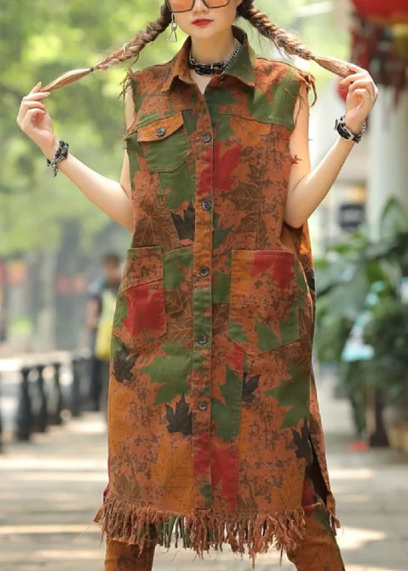 Easygoing Style Vintage Army Green Peter Pan Collar Print Pockets Tassel Waistcoat Fall