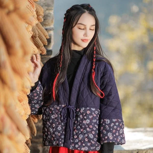 Tropical Style Vintage Belt Jackets Print Floral Patchwork V-Neck Seven Sleeve Coats Tropical Style Vintage Belt Jackets Print Floral Patchwork V-Neck Seven Sleeve Coats