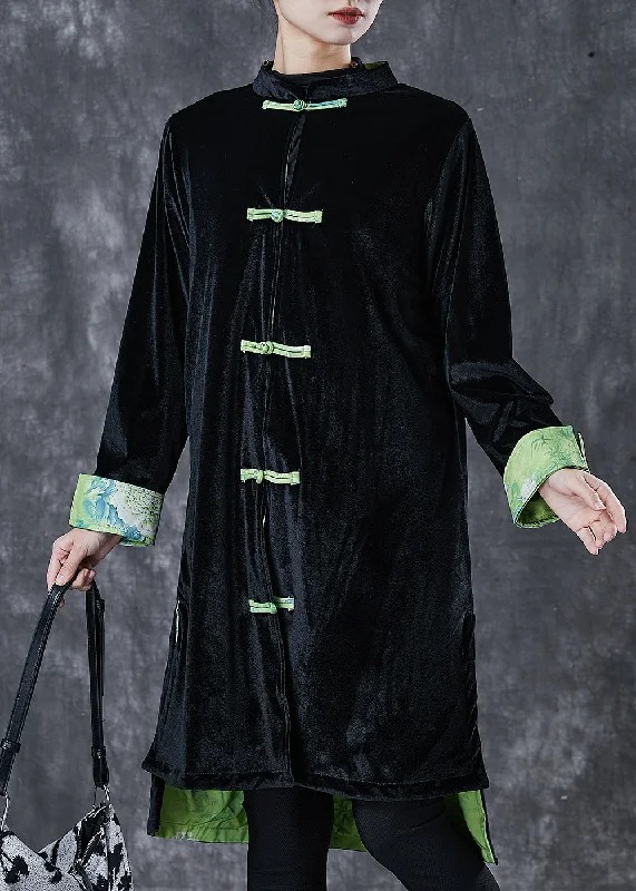 Soft Touch Vintage Black Chinese Button Silk Velvet Coat Outwear Spring