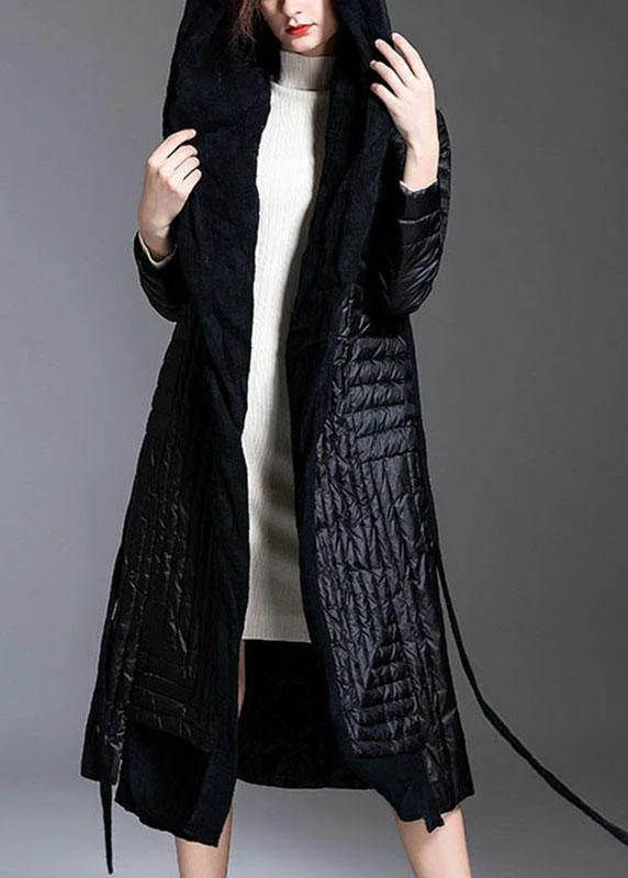 Advanced Design Vintage Black Patchwork tie waist Winter Down Coat