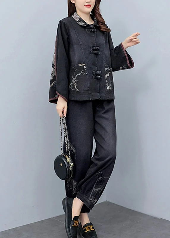 Classic Items Vintage Black Peter Pan Collar Print Denim Coats And Pants Two Pieces Set Fall