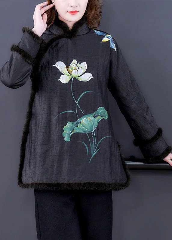 Quality Tailoring Vintage Black Print Fur Collar Fine Cotton Filled Warm Coats Winter