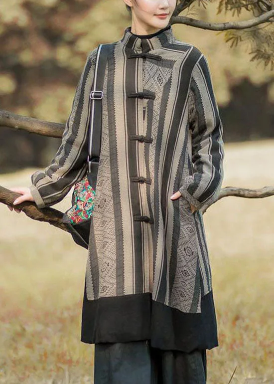 Fashionable In The Times Vintage Black Striped Patchwork Oriental Button Warm Fleece Long Coats Winter