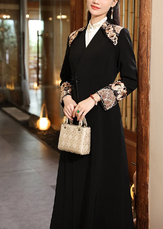Classic Style Vintage Black V Neck Embroideried Button Long Coats Fall