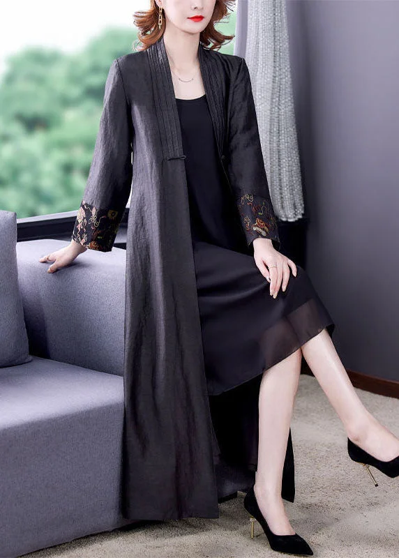 Comfortable Wear Vintage Black V Neck Patchwork Side Open Silk Trench Coats Fall