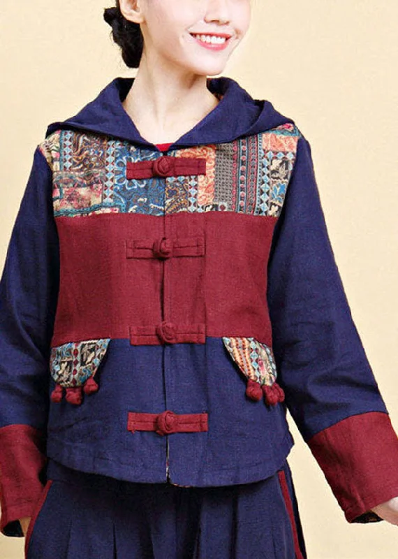Editorial Design Vintage Blue Hooded Patchwork Oriental Button Linen Jacket Fall