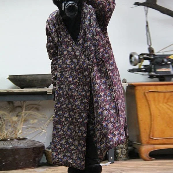 All-Day Comfort Vintage Cotton Parkas Coats 2020 Spring New Loose Simple Print Color Belt Warm Cotton V-neck Long Coats