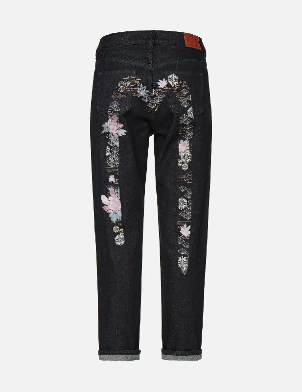 Floral Prints 织锦和花卉图案大M刺绣休闲宽松牛仔裤